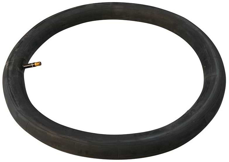 A Revvi Electric Bike Replacement Inner Tube, 16" black rubber with a metal valve stem, is shown lying flat in a circular shape on a white background.