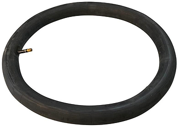 A Revvi Electric Bike Replacement Inner Tube, 16" black rubber with a metal valve stem, is shown lying flat in a circular shape on a white background.