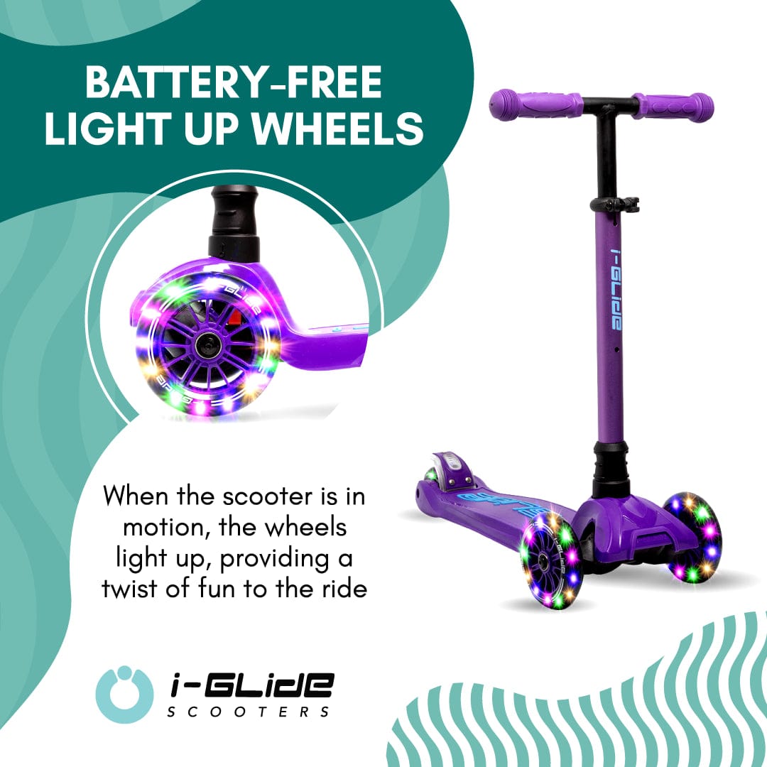 The I-Glide 3-Wheel LED Kids Scooter in Purple / Blue is a vibrant scooter designed with glowing, battery-free light-up wheels that illuminate when in motion. Featuring an adjustable handlebar to grow with your child, this I-Glide scooter combines fun and style—displayed on a white background with teal accents—making it the perfect ride for young adventurers.