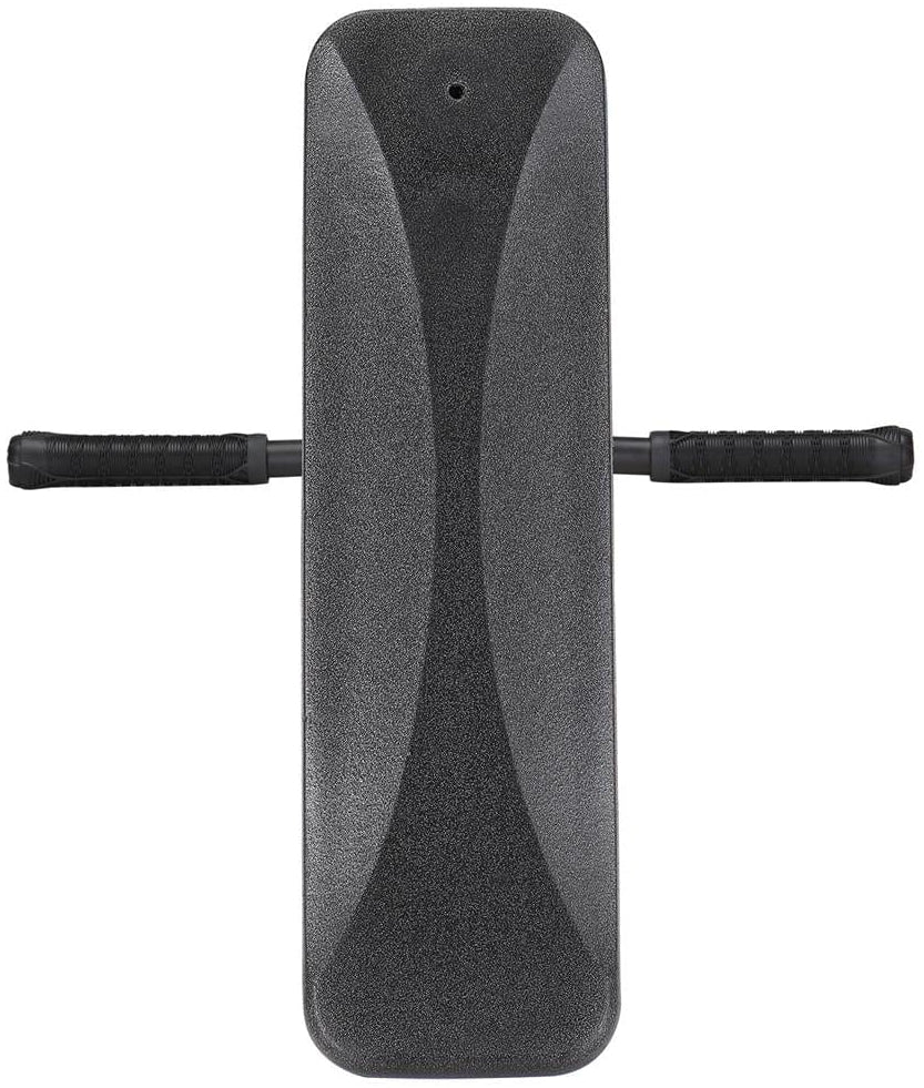 A black ab roller with a rectangular padded center and two ribbed handles extending horizontally on each side, featuring a sleek design similar to the custom Blunt Envy TS Pro 6 Indoor Trampoline Stunt Scooter in Red Camo, isolated on a white background.