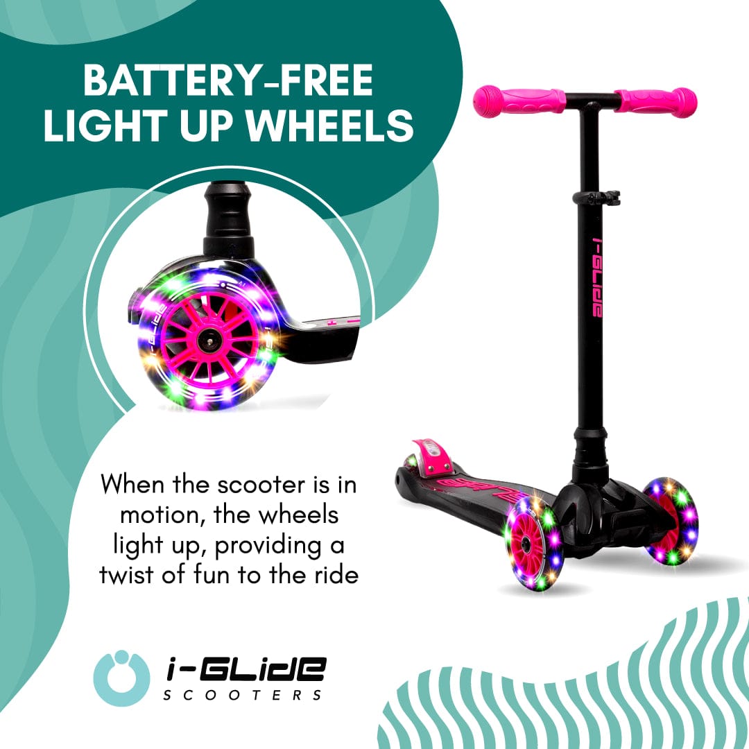 The i-Glide 3-Wheel LED Kids Scooter in black and pink boasts an adjustable handlebar and features LED light-up wheels that shine brightly while in motion, no batteries required. The I-Glide logo stands out against a wavy teal and white background.