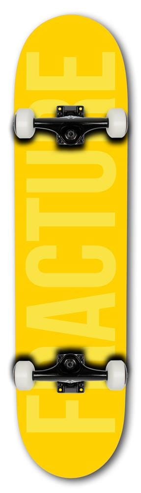 The Fracture Fade Series Yellow Complete Skateboard (7.75" x 31") by Fracture features a sturdy Canadian Maple deck with "FACTUAL" in light yellow, white Fracture 100A wheels, black trucks, and an entry-level design.