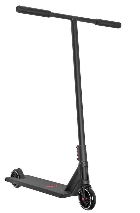 The Aztek Siren Complete Street Stunt Scooter - Black by Aztek is shown angled against a white background, featuring a T-shaped handlebar, small wheels, and a flat deck—ideal for street scooter enthusiasts.