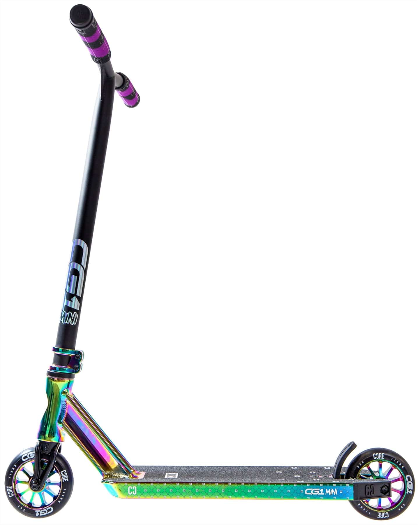 The CORE CG1 Mini Complete Stunt Scooter by CORE features a black grip handlebar, sturdy deck, metallic neochrome finish, and black wheels—perfect for beginners. Shown on a white background.