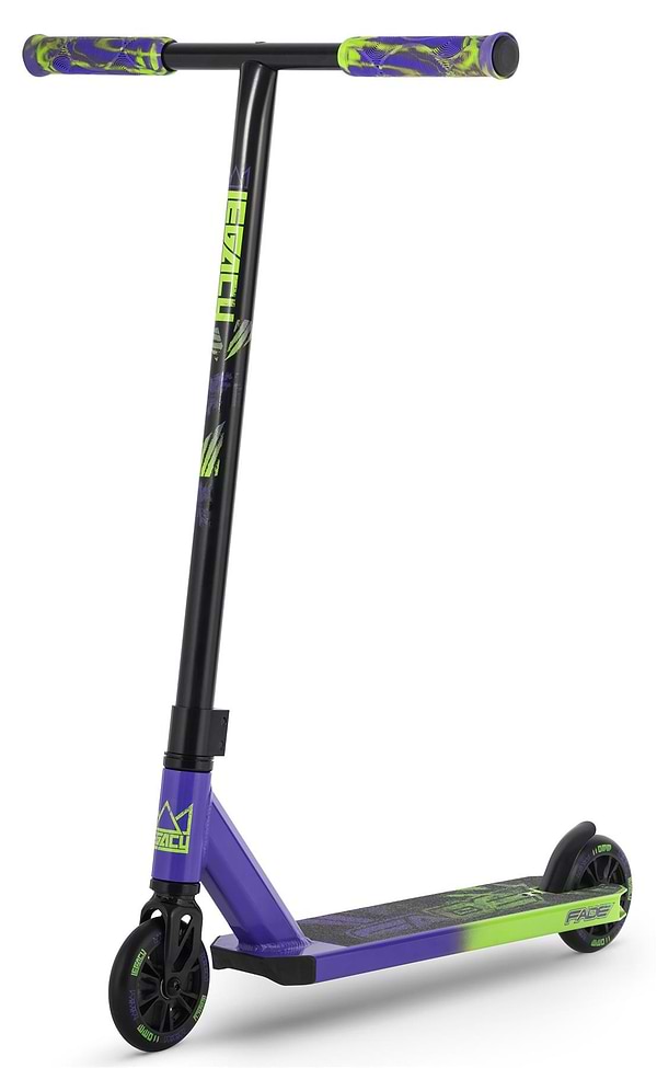 The Legacy Fade Complete Stunt Scooter by Legacy features a black frame with purple and neon green accents, patterned grips, a color-matched branded deck, and black wheels with green highlights.