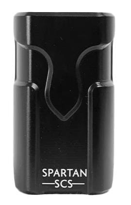 The Supremacy Spartan 4 Bolt Oversized SCS Stunt Scooter Clamp, made from sturdy aluminum, features a matte black finish with elegant smooth curves. The brand name "SPARTAN SCS" is precisely engraved at the bottom and it includes durable 6mm bolts to enhance its strength and reliability.