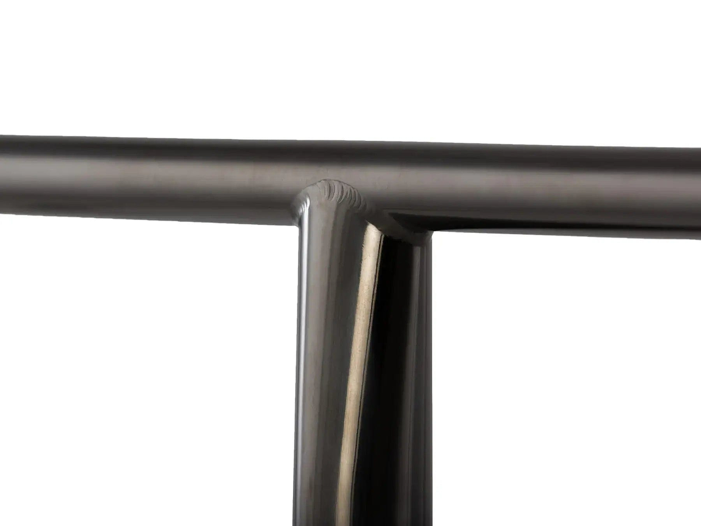 Close-up of the Lucky Obsidian Titanium Oversized SCS Stunt Scooter T-Bar, showcasing its modern metallic structure and smooth, polished finish that resembles titanium scooter bars. The T-bar spans both horizontally and vertically, highlighting a seamless connection. The background is plain white.