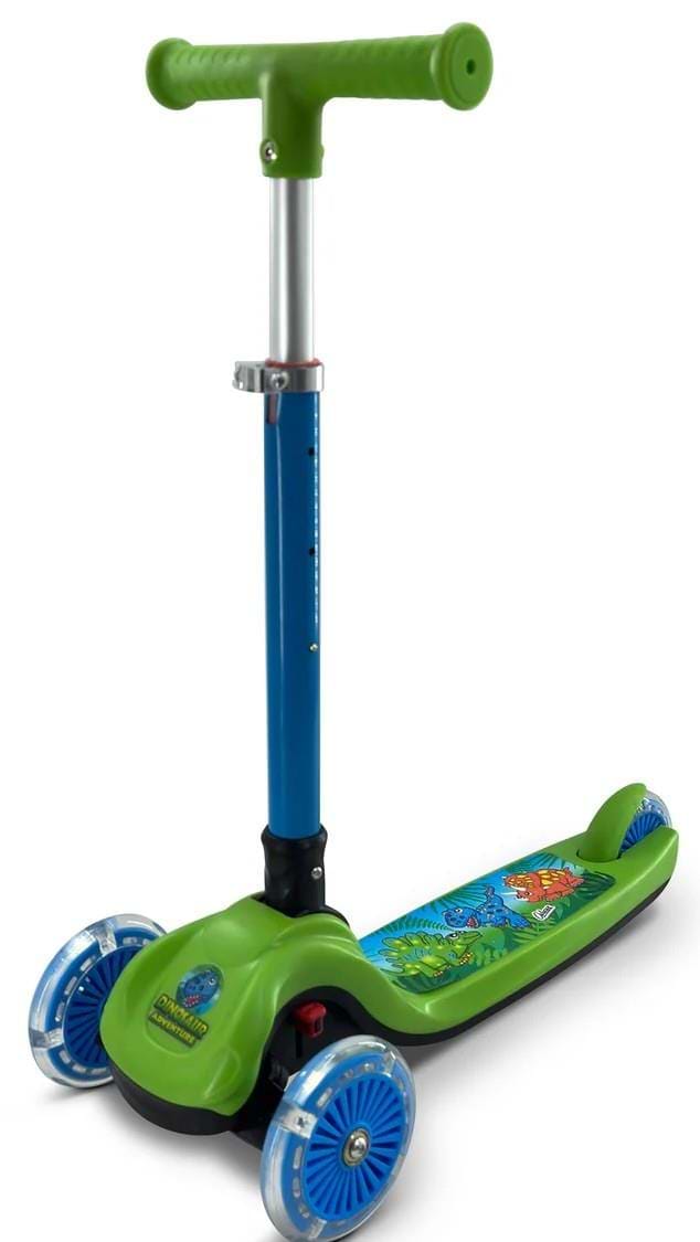 The Ozbozz Dinosaur Trail Twist LED Kids Tri Scooter by Ozbozz features a blue and green design, fish-themed deck, clear blue LED wheels, and tilt-to-steer functionality.