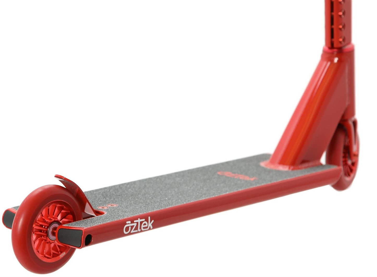 Close-up of the Aztek Architect 2 Complete Stunt Scooter - Cardinal Red shows its textured grip deck, rear wheel with fender brake, and sturdy handlebar stem—ideal for riders seeking a reliable entry-level street scooter.