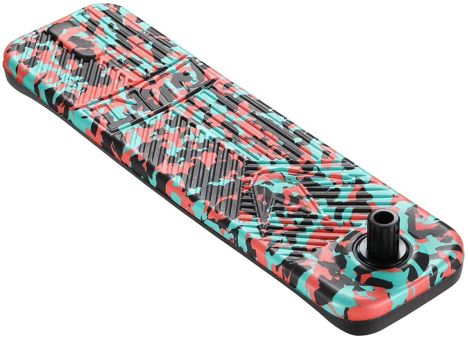 The skateboard deck, inspired by the Blunt Envy TS Pro 6 Indoor Trampoline Stunt Scooter, showcases a striking teal camo pattern complemented by red and black accents. It includes textured grooves and a single mounting hole on the right side for effortless truck installation.