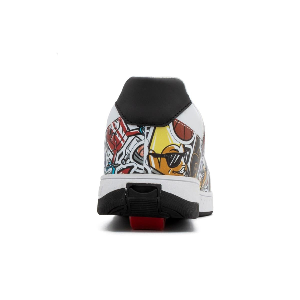 A close-up rear view of Breezy Rollers Groovy Shoes - Cartoon shows a colorful sports-themed pattern, black heel, white midsole, red outsole accent, and the Breezy Rollers patented wheel system for fun motion.