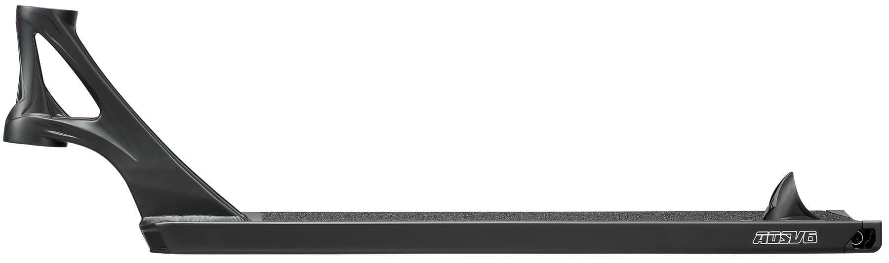 The Blunt Envy AOS V6 Squad Black Stunt Scooter Deck (6" x 22") features a cutout headtube, rear wheel slot, and griptape—ideal for tricks and stunts. "Blunt Envy" branding is visible near the rear end.