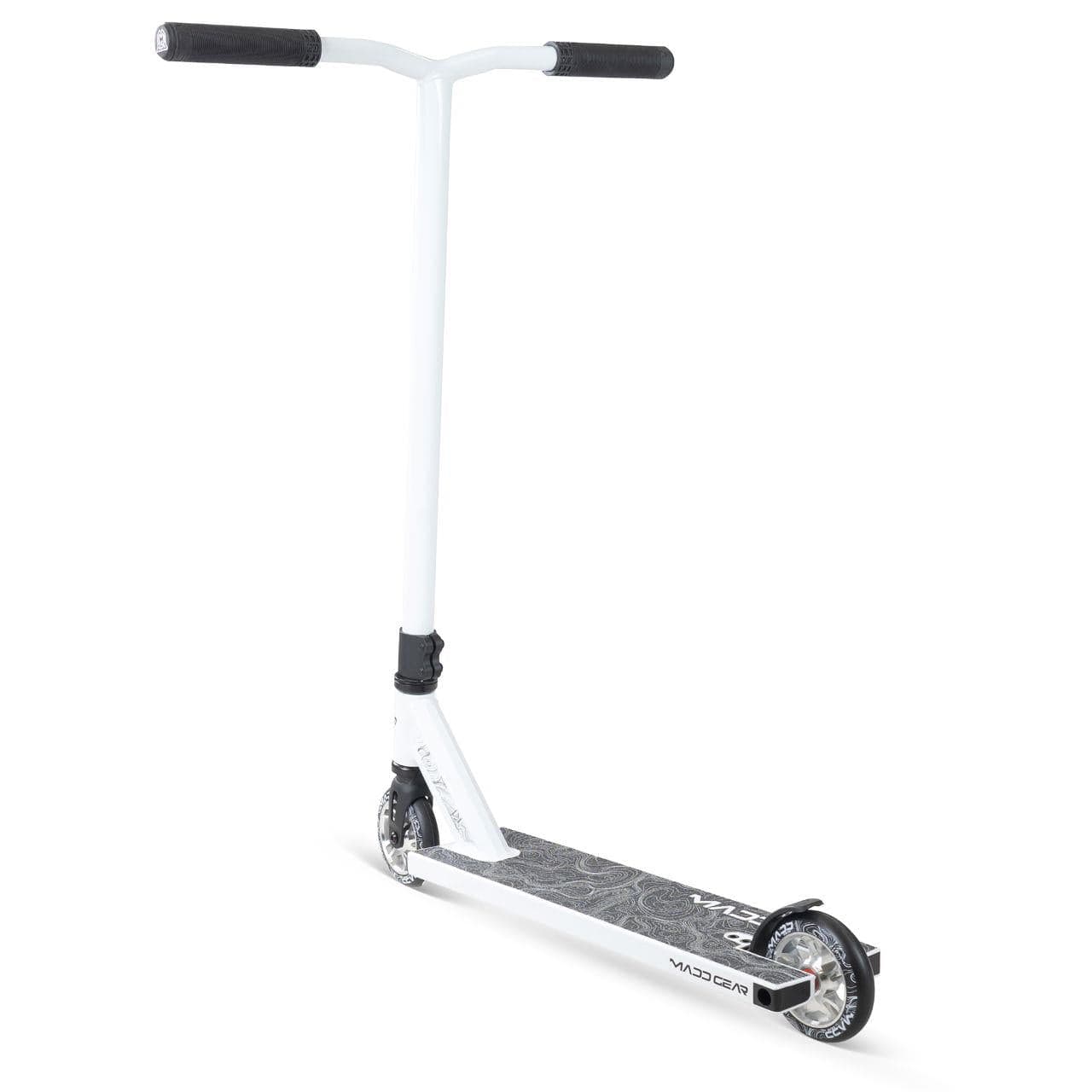 The Madd Gear MG 4 Titan Complete Stunt Scooter in Arctic White features black handlebar grips and a black and white deck—an innovative choice from MGP for action sports, shown at an angle on a white background.