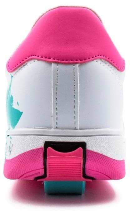 The image shows the back view of Breezy Rollers Splash Shoes - White / Pink, featuring a pink heel and sole, teal side accent, and a visible retractable wheel in the heel showcasing Breezy Rollers' patented wheel system.