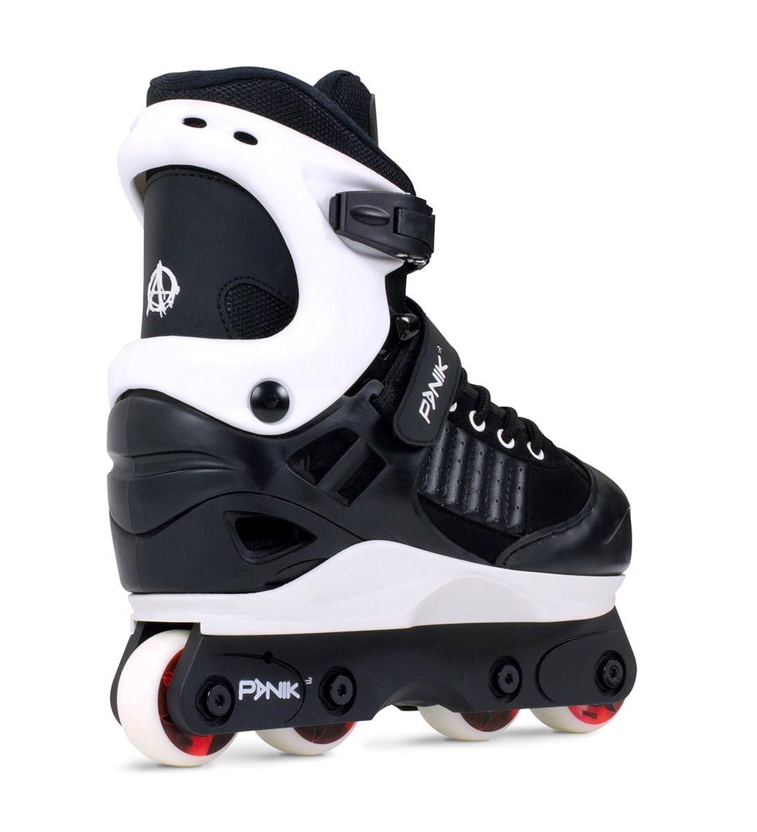 Close-up of Anarchy Panik III Adjustable Junior Aggressive Inline Skates in black, featuring a supportive boot, high ankle cuff, buckle strap for secure fit, and red and white wheels. The Anarchy brand logo is visible on the side and heel.