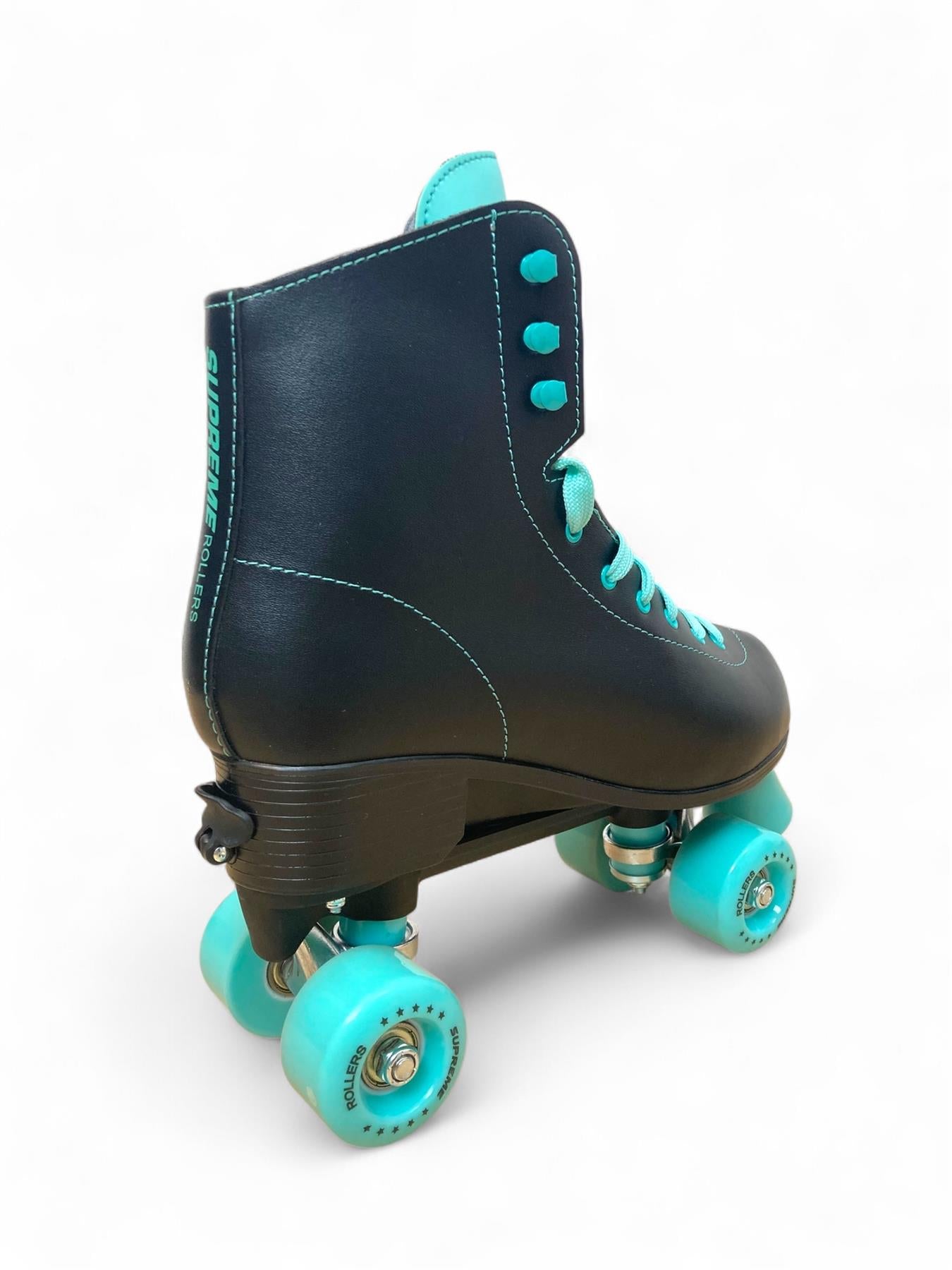 The Supreme Del Rey Adjustable Quad Roller Skates - Black by Supreme are shown with turquoise wheels, laces, and eyelets on a white background, viewed from the back and side—ideal kids’ skates for fun outdoor adventures.
