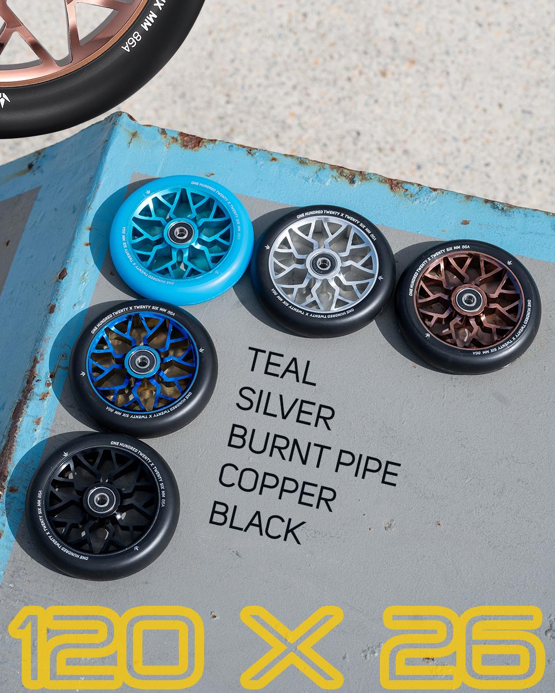 Six Blunt Envy Sector 120mm Stunt Scooter Wheels in teal, silver, burnt pipe, copper, and black are shown on concrete with color labels. Bold yellow text below says "120 X 26." Featuring the Blunt Envy Sector 120mm Wheel - Silver.