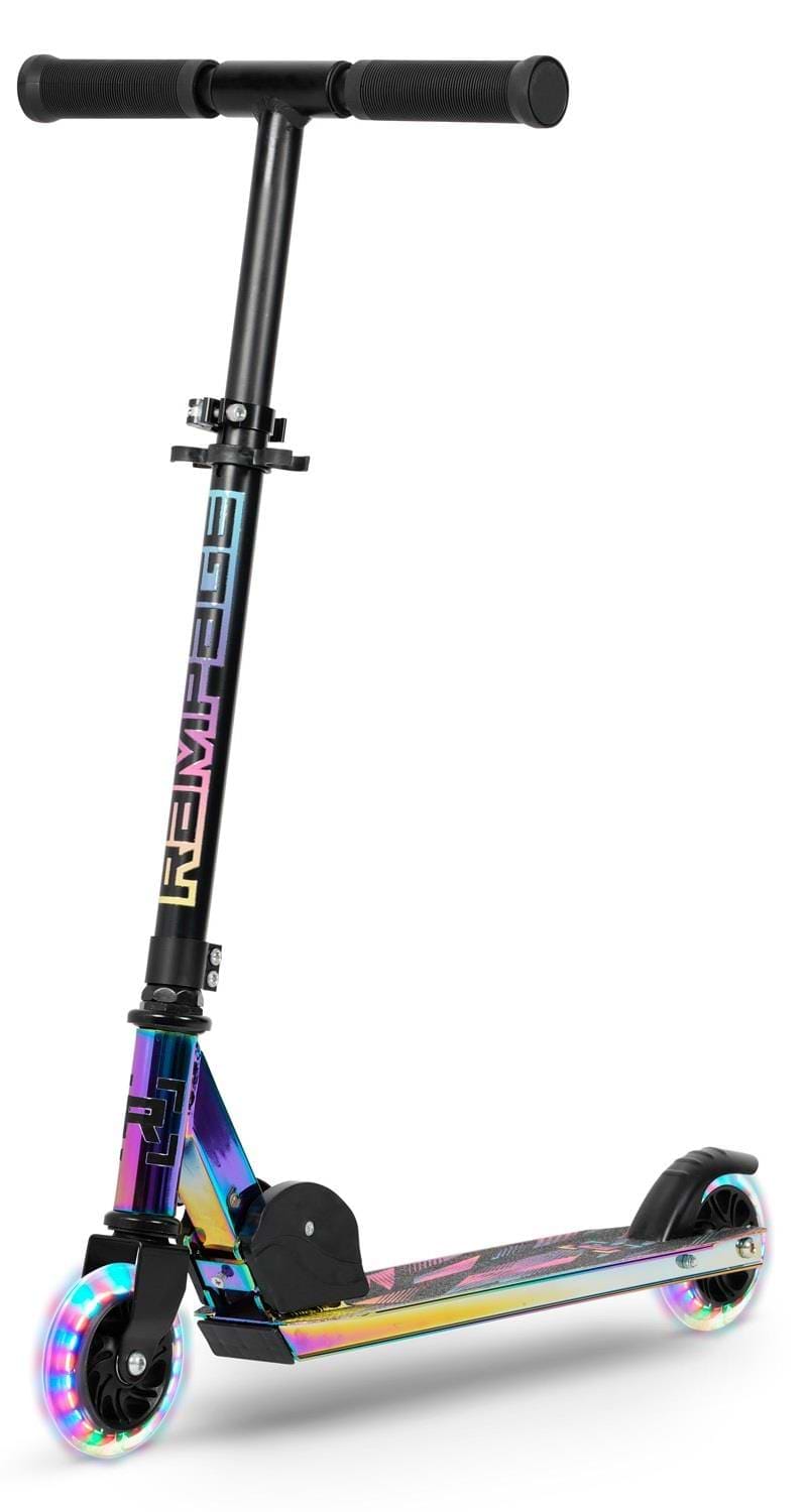 The Rampage Light Up Foldable Kick Scooter in Neochrome/Black features LED light-up wheels, adjustable bars, black handlebars, and the Rampage brand name on the upright stem.