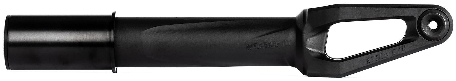 The Ethic DTC Merrow V3 8/12STD HIC Stunt Scooter Forks in black feature a sturdy metal build with a cylindrical base and open, angular end for front wheel and handlebar attachment.