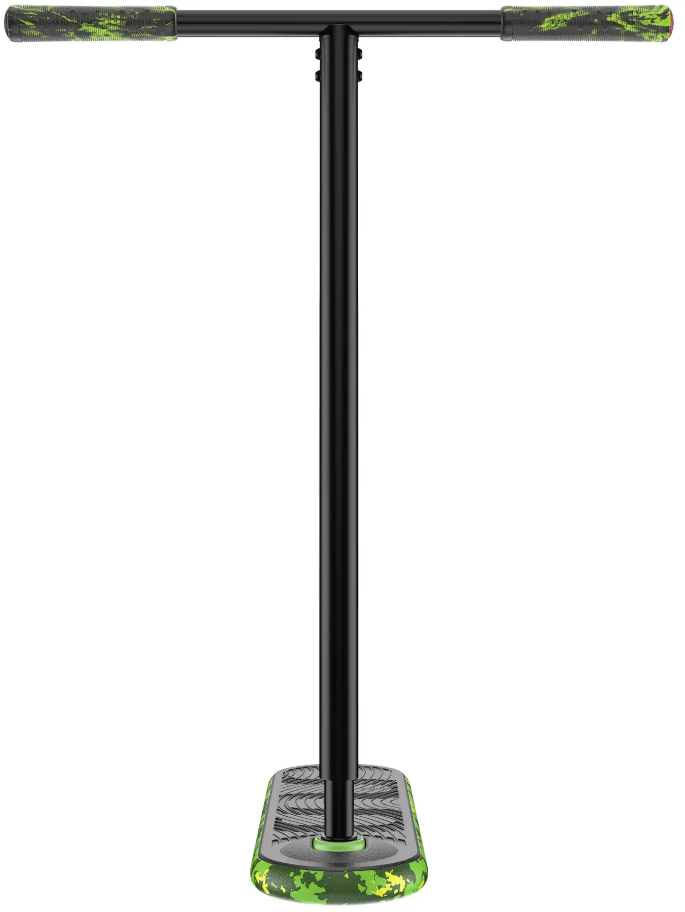 The INDO Pro V2 Indoor Trampoline Stunt Scooter - Green Mamba features black handlebars with green and black camo-patterned grips, attached to a matching camo pro-level deck, shown from the front on a white background.