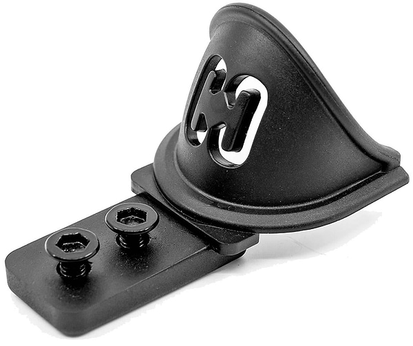 The CORE ST Nylon Stunt Scooter Fender - Black by CORE is a black plastic and metal fender with two hex screws, designed for easy installation on stunt scooters, similar to a protective wheel guard.