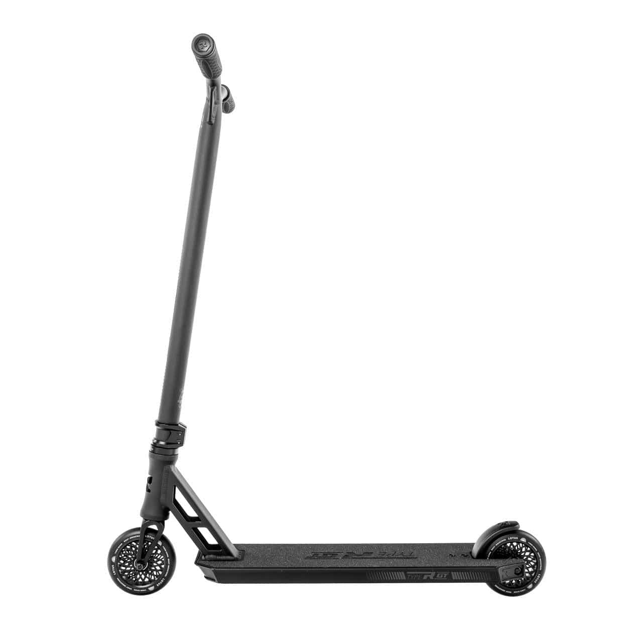 Introducing the Root Industries Type R GT Complete Stunt Scooter in Black, a sleek kick scooter ideal for urban commuting or recreational use. With its sturdy handlebar and deck, this lightweight pro scooter features durable wheels and a minimalist design. Its robust frame ensures stability and ease of maneuverability.