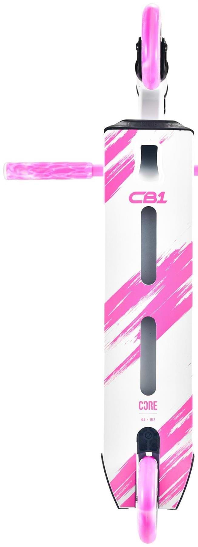 The CORE CB1 Beginner Complete Stunt Scooter in white/pink features bright pink wheels, pink handlebar grips, and bold "CB1" and "CORE" branding with pink streaks on the deck, perfect for beginners.