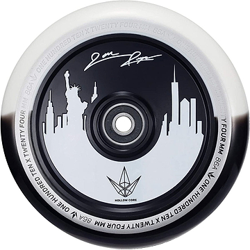 The Blunt Envy 110mm Jon Reyes Signature Hollow Core Stunt Scooter Wheel in black and white features an eye-catching skyline design, including the Statue of Liberty. It is adorned with Jon Reyes' signature and prominently displays "ONE HUNDRED TEN x TWENTY FOUR MM 86A" around the edge, reflecting the high quality of Blunt Envy Wheels.