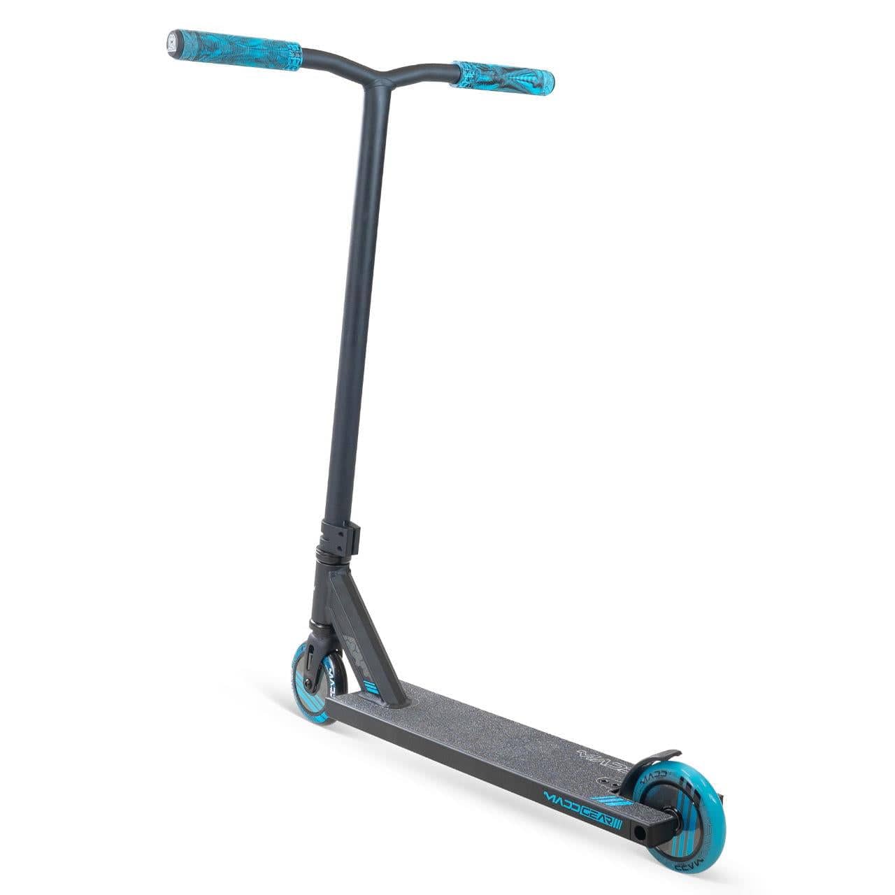 The Madd Gear (MGP) MG 3 Zen Complete Stunt Scooter in Black/Blue boasts a durable one-piece steel T-bar, blue grip handles and wheels, high-speed ABEC-7 chrome bearings, and a textured deck for secure footing in a sleek design.