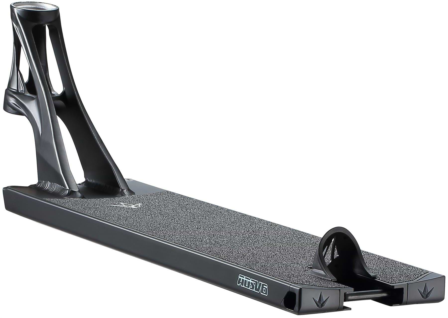 A close-up of the Blunt Envy AOS V6 Squad Black Stunt Scooter Deck (5.5" x 22") highlights its textured grip, sturdy headtube, and cutout design by the wheel mount.
