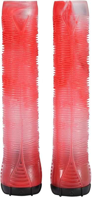 Two textured, ribbed plastic shoe trees in a red and black design look similar to the Blunt Envy Flangeless V2 Smoke Red Stunt Scooter Grips - 160mm. They stand upright side by side, with a translucent upper section and solid black rubber at the base, much like how scooter accessories often feature bar ends compatibility.