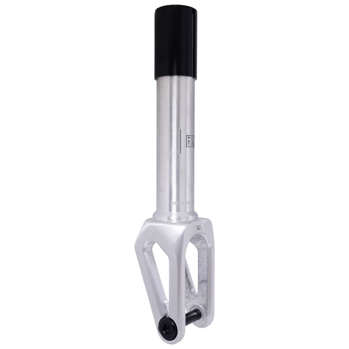 A sleek raw silver and black metal object, crafted from durable 6061-T6 aluminium, reminiscent of the UrbanArtt Anvil SCS/HIC Stunt Scooter Forks, designed for reliable compression.
