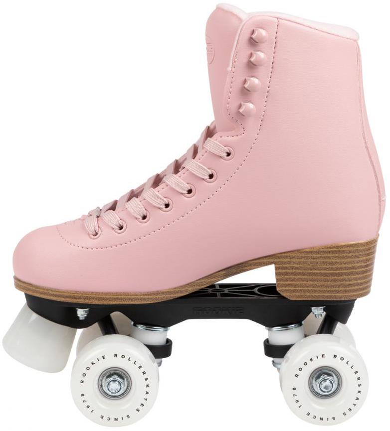 The Rookie Classic 78 Quad Roller Skates - Pink by Rookie features a high boot, white laces, wooden heel, and white wheels on a black frame, shown in profile facing left for a stylish retro look.