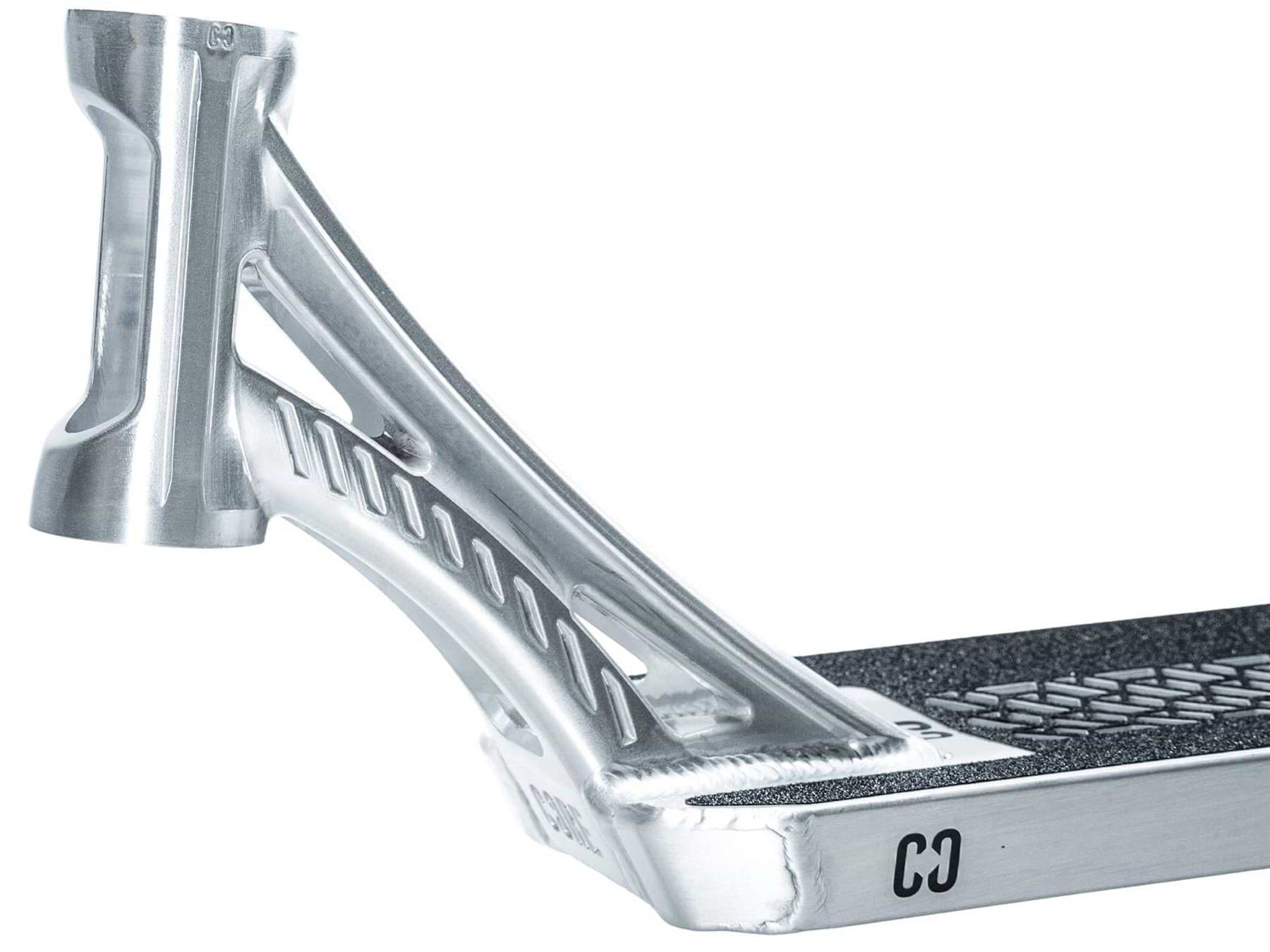 Close-up of a CORE SL3 Forged Polished Stunt Scooter Deck (5.25" x 19.3"/20.5") by CORE, featuring a reinforced neck, black grip tape, textured anti-slip surface, and a small side logo.