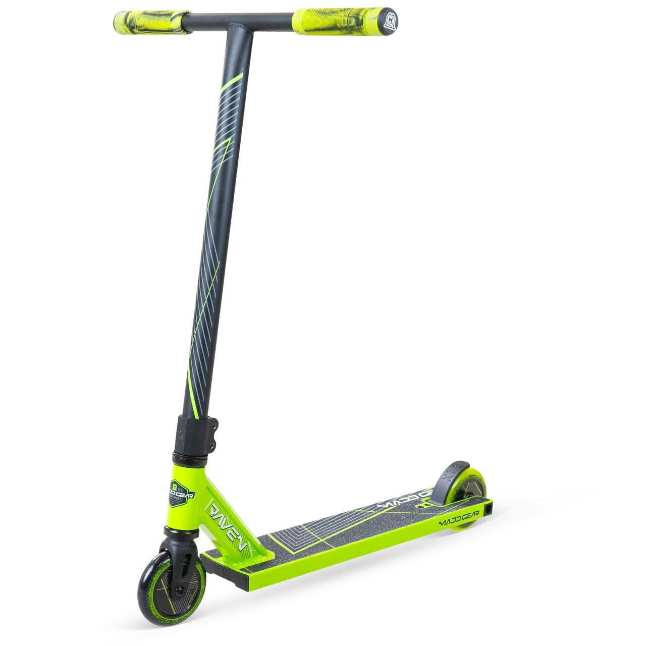 The Madd Gear MG 1 Raven Complete Stunt Scooter in lime and black from MGP features a wide handlebar, yellow grips, matching wheels, diagonal stripes, branding, and high-speed ABEC-5 Chrome bearings for lightweight performance.