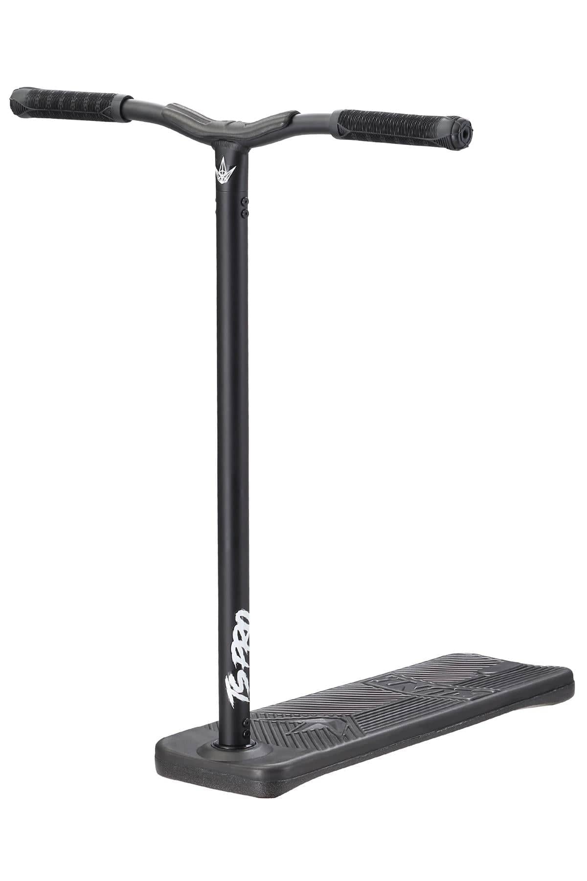 The Blunt Envy TS Pro 7.5 Indoor Trampoline Stunt Scooter - Black features a stylish black finish with a wide deck and T-shaped handlebars. It includes textured grips, a detailed deck design, and prominently displays the distinctive logo on its neck. Ideal for riders who want both performance and style in one customizable scooter option.