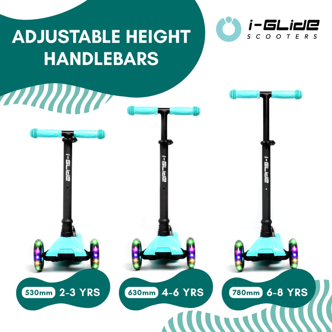 Discover the I-Glide 3-Wheel LED Kids Scooter in Aqua, featuring adjustable height handlebars with innovative ezy-steer technology. This vibrant scooter, suitable for ages 2-8, allows adjustments to 530mm, 630mm, or 780mm. Enjoy the excitement as colorful LED wheels illuminate each ride!