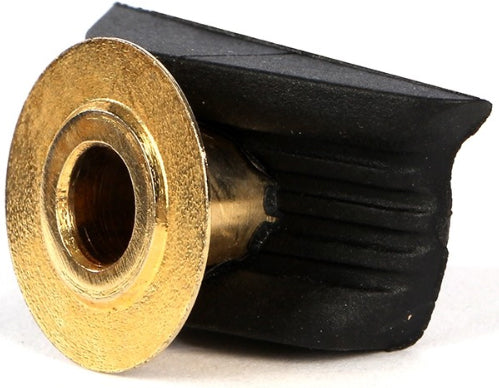 A close-up of an Ethic DTC Pandemonium Deck Spacer, featuring a brass threaded insert with a black rubber casing, commonly used in scooter parts to secure components with bolts or screws.