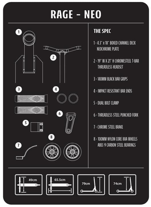 Black and white infographic displays specs and technical drawings for the Slamm Rage Complete Stunt Scooter - Neochrome by Slamm, with dimensions, parts list, and diagrams of the deck, handlebar, fork, wheels, and neochrome-finished brake.