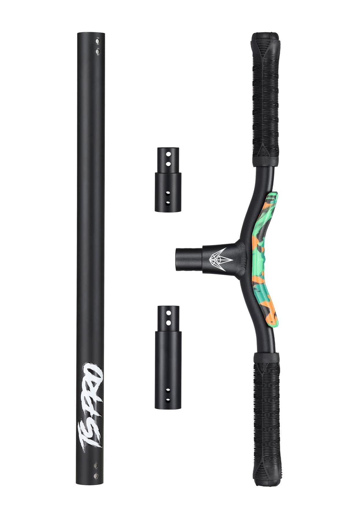 A Blunt Envy TS Pro 7.5 Indoor Trampoline Stunt Scooter in Orange Camo, featuring a black T-shaped handlebar with green and orange accents, alongside a black vertical bar and two small connectors, all neatly arranged on a white background.