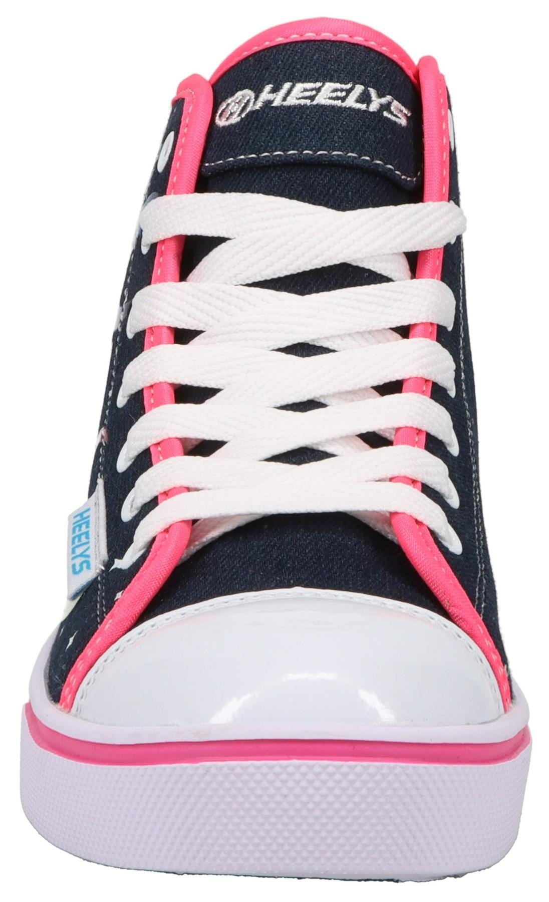 Front view of the Heelys Veloz Girls Shoes in Denim/Rainbow, featuring a hi-top denim style with white laces, white toe cap, rainbow accents, low-profile wheels, Heelys branding on the tongue, and a blue side tag.