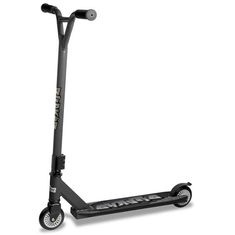 The Ozbozz Torq Chaotic Complete Stunt Scooter in black and silver is perfect for beginners. It features a sturdy handlebar, a narrow deck, and two small wheels, making it ideal for freestyle scootering. The deck offers a textured surface for grip along with branding on the side.