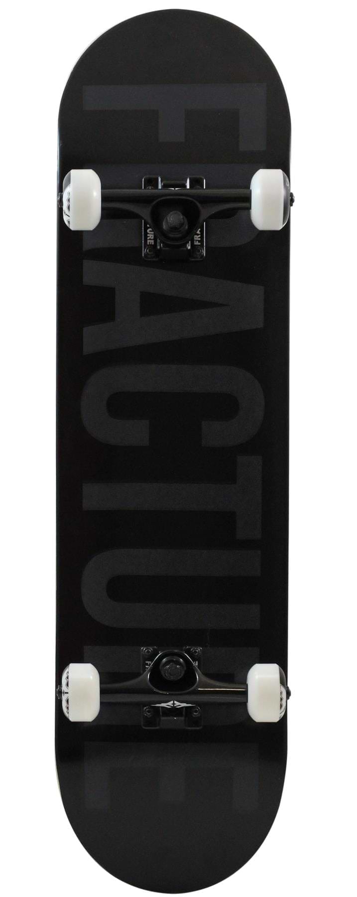 The Fracture Fade Series Black Complete Skateboard (8.25" x 32") features a 7-ply Canadian Maple deck with bold "FRACTURE" branding, Fracture 100A wheels, black trucks, and a sleek top-down black design.