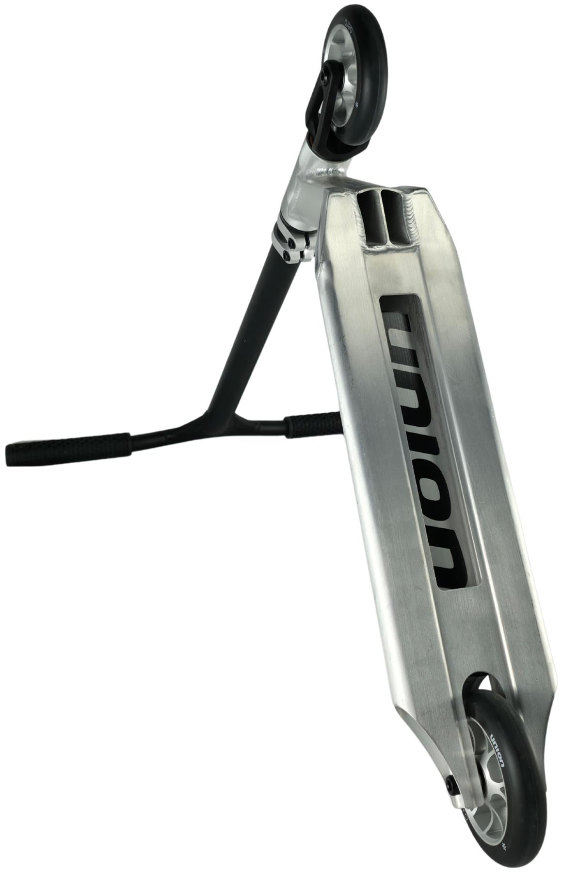 The Union Aero Complete Stunt Scooter - Black / Raw features black handlebars, a sleek angled deck, and two small wheels—an ideal lightweight choice from Union for beginners ready to learn new tricks.