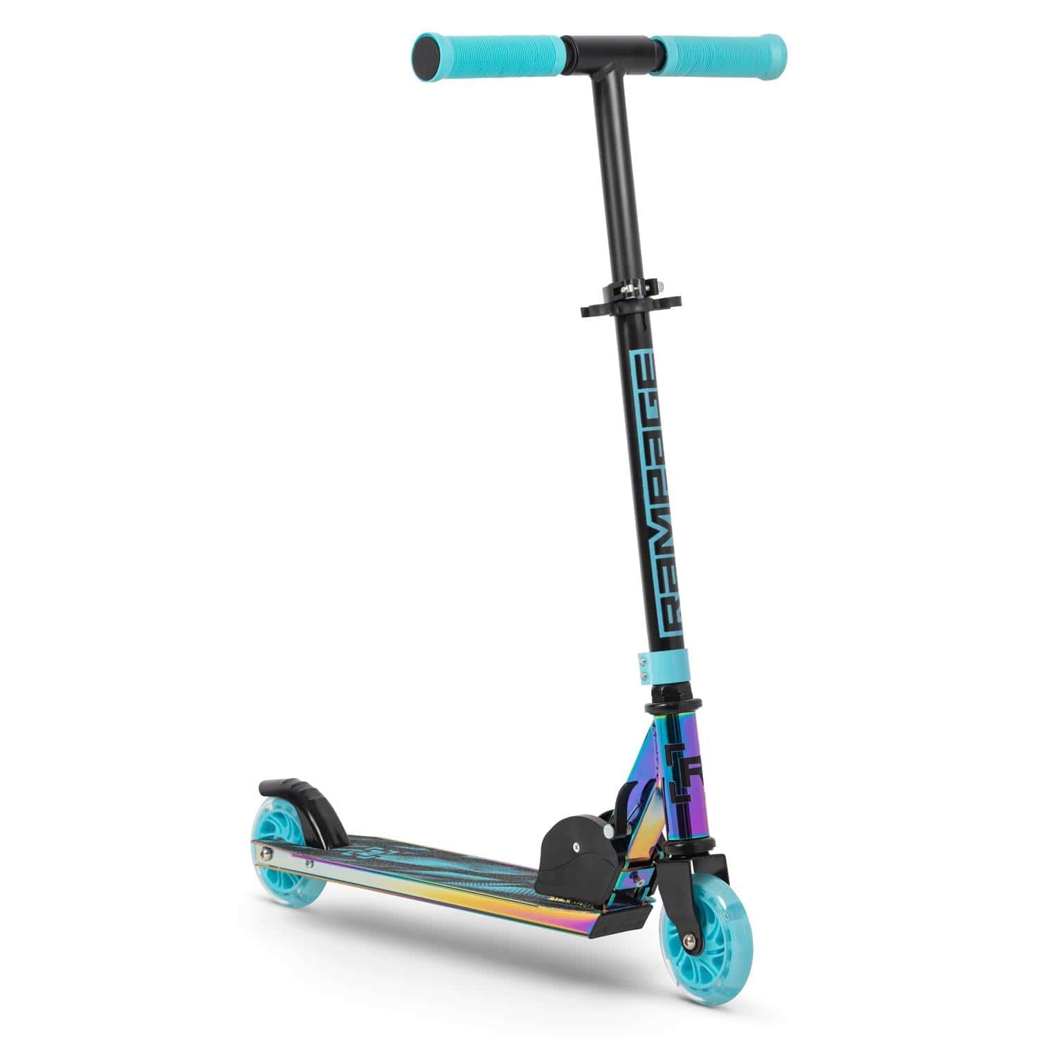 The Rampage Light Up Foldable Kick Scooter features blue handlebars and wheels.