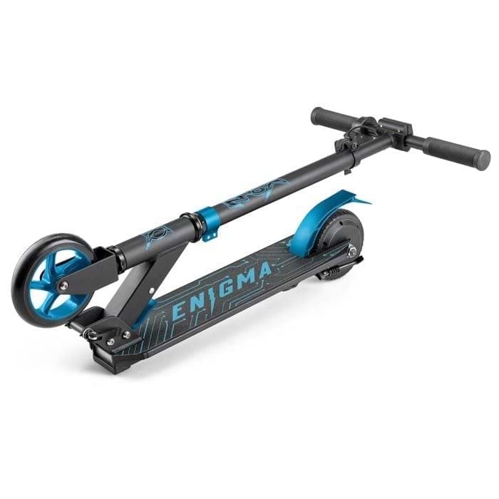 A folded Xootz Enigma Lithium Electric Scooter - Blue by Xootz with a sturdy handlebar and compact, foldable design, featuring "ENIGMA" on the deck, is shown on a white background.