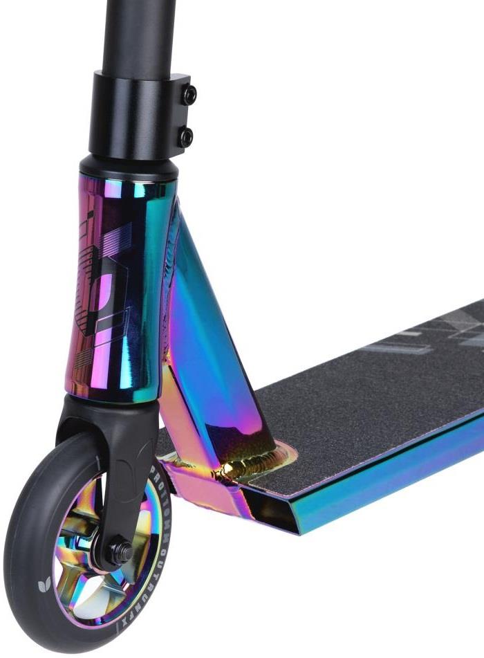 Close-up of the Blazer Pro Outrun 3 FX Complete Stunt Scooter - Neochrome's front wheel and deck, featuring a shiny rainbow finish. Its black grip surface and vibrant wheel make this Blazer Pro scooter ideal for beginners at the skatepark.