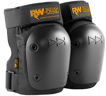 The GAIN Protection RW x Fast Forward Ryan Williams Signature Skate Knee Pads feature hard plastic shells, adjustable straps, and orange "RW Fast Forward Signature Series" labels—ideal black pads for action sports enthusiasts.