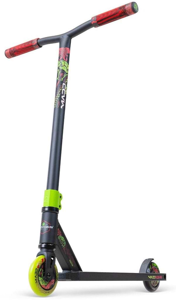 The Madd Gear MG 2 Obsidian Complete Stunt Scooter - Venom by Madd Gear (MGP) features black and green colors with red handle grips, green accents, graphic designs on the stem and wheels, and high-speed ABEC-5 chrome bearings. Displayed on a white background.
