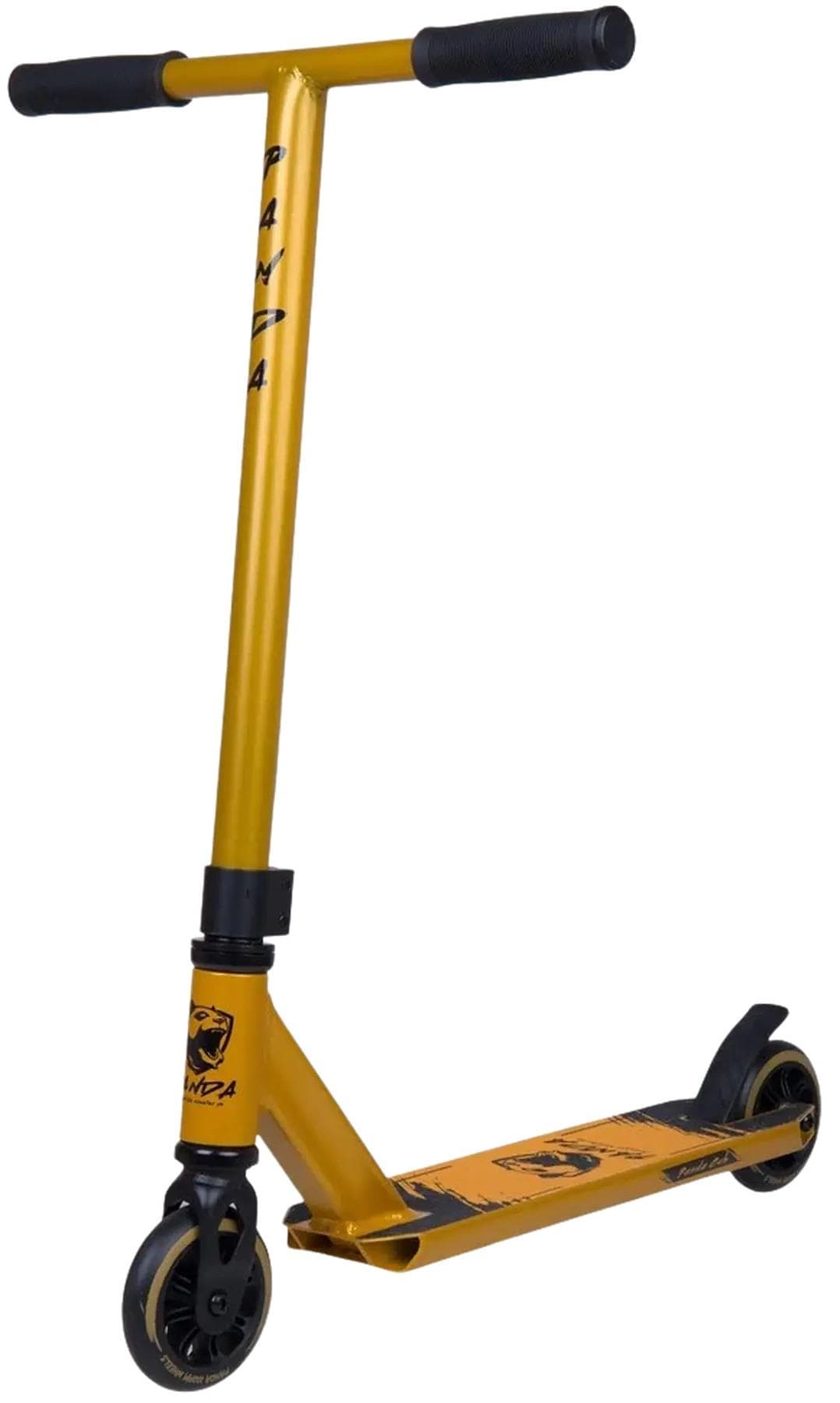 The Panda Cub Complete Stunt Scooter - Gold Painted, by Panda, is designed for junior riders with black handlebars, black wheels, and PANDA branding on the stem and deck, shown angled on a white background.